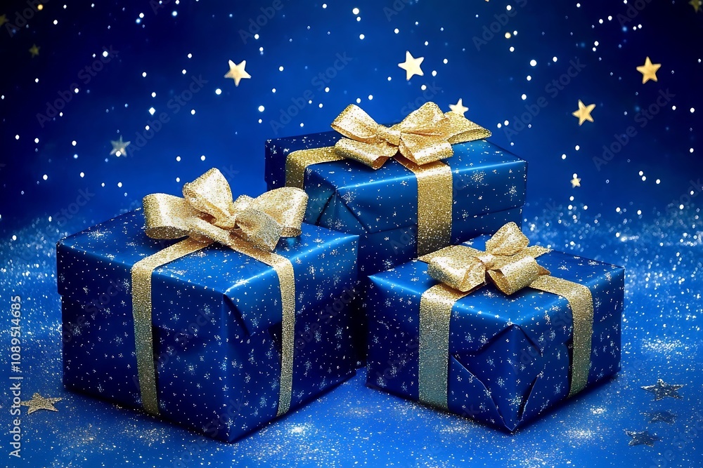 Blue gifts with golden bows on a blue background with stars Blue gifts with golden bows on a blue background with stars