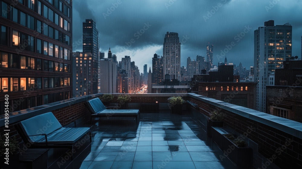 Fototapeta premium Captivating Urban Rooftop View Overlooking a Rainy New York City Skyline with Dramatic Clouds and Glowing City Lights at Dusk