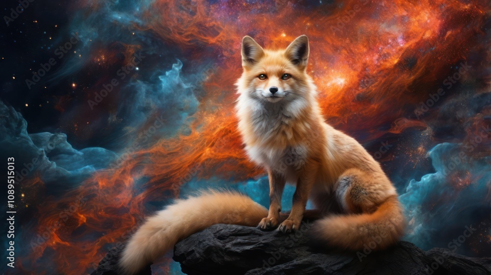 Naklejka premium A red fox sits on a rock against a dramatic background of swirling nebulae.
