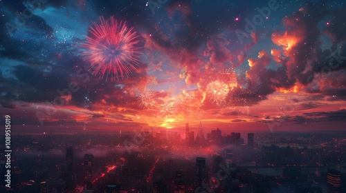 Stunning Fireworks Explosion Lighting Up the Nighttime Cityscape with Vibrant Colors and Dramatic Energy