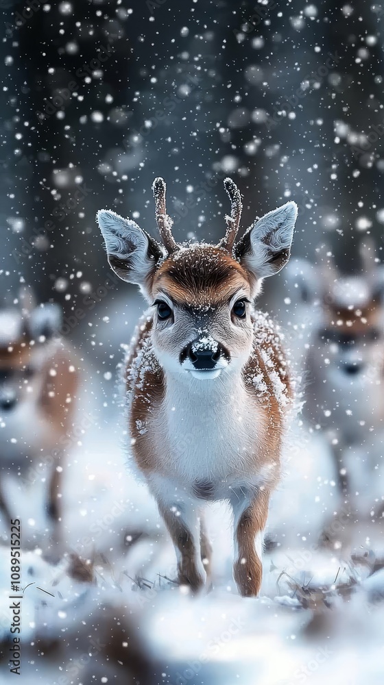 a white tailed deer standing in the snow, surrounded by other deer in the background The snow is falling gently, creating a peaceful winter scene a white tailed deer standing in the snow, surrounded by other deer in the background The snow is falling gently, creating a peaceful winter scene