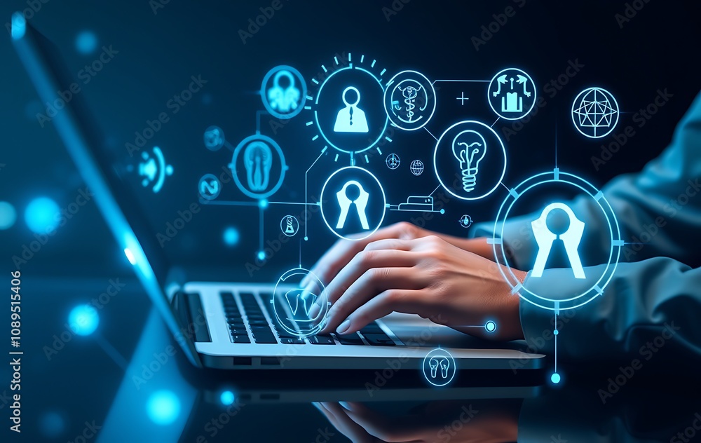 Man typing on laptop, glowing medical icons with AI technologies Man typing on laptop, glowing medical icons with AI technologies