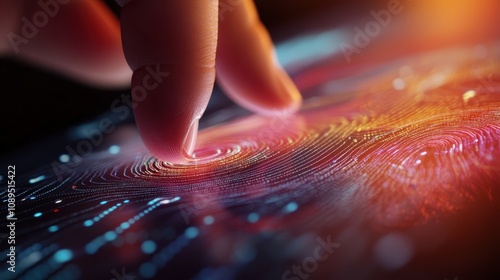 A close-up of a finger tapping on a sleek touchscreen device, revealing intricate big data patterns and infographics, showcasing precision in technology.