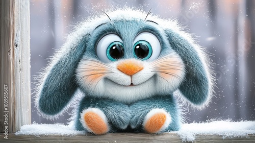  a blue bunny sitting on top of a wooden window sill in the snow The bunny is animated and the background is blurred, giving the image a dreamy, wintery feel