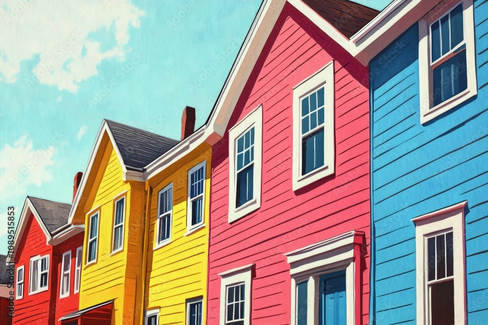 Row of colorful houses with unique architecture and vibrant colors Row of colorful houses with unique architecture and vibrant colors