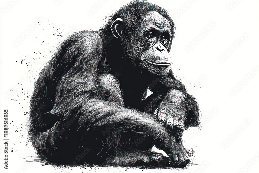 Fototapeta premium monkey sitting in a calm pose, done in an artistic, graphic style. 