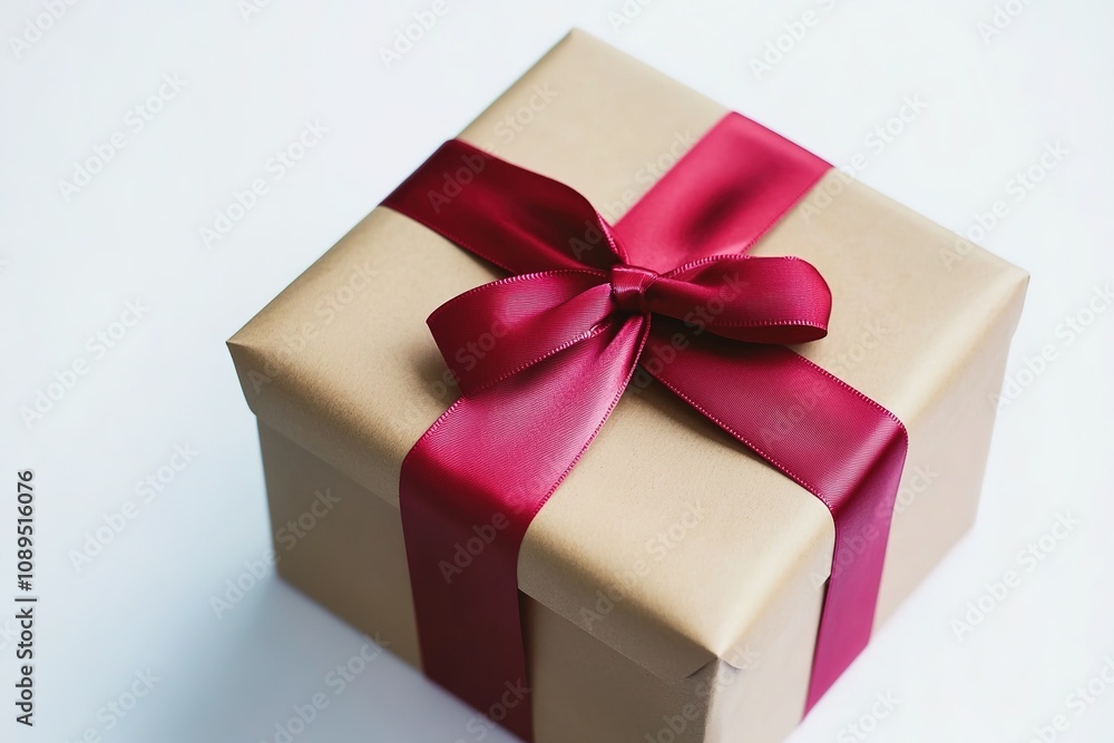 Brown gift box with red satin ribbon on white Brown gift box with red satin ribbon on white