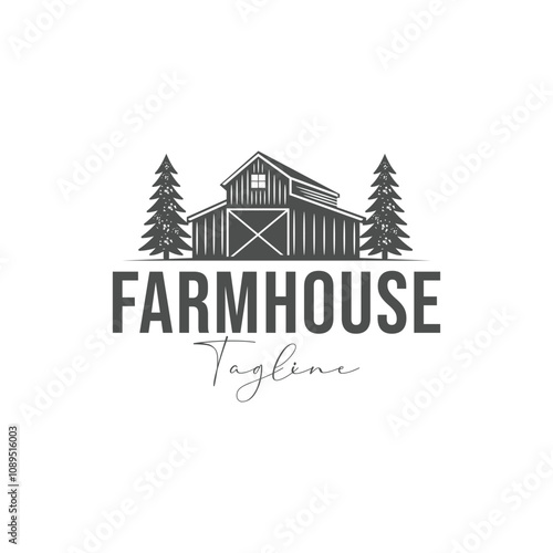 vintage retro wooden barn farm with pine hem lock cedar tree logo design