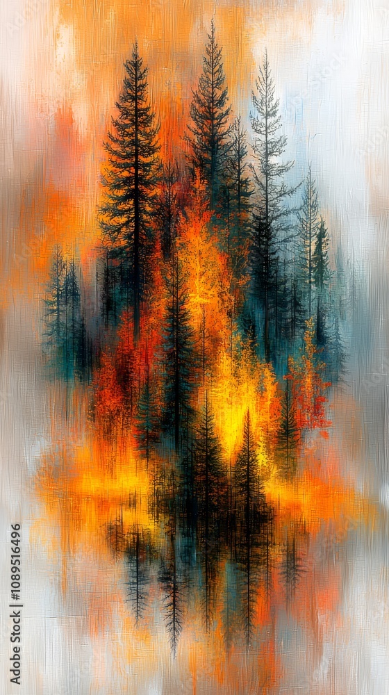 a painting of a forest with trees reflected in the water The painting is composed of a variety of colors, including blues, greens, yellows, and oranges, creating a a painting of a forest with trees reflected in the water The painting is composed of a variety of colors, including blues, greens, yellows, and oranges, creating a