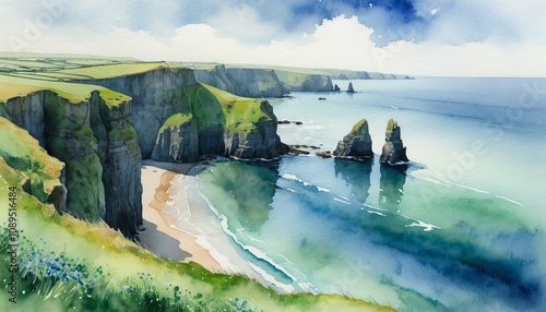 Beautiful coastal cliffs and serene waters celebrating St. Patrick's Day with a watercolor illustration of nature's vibrant beauty