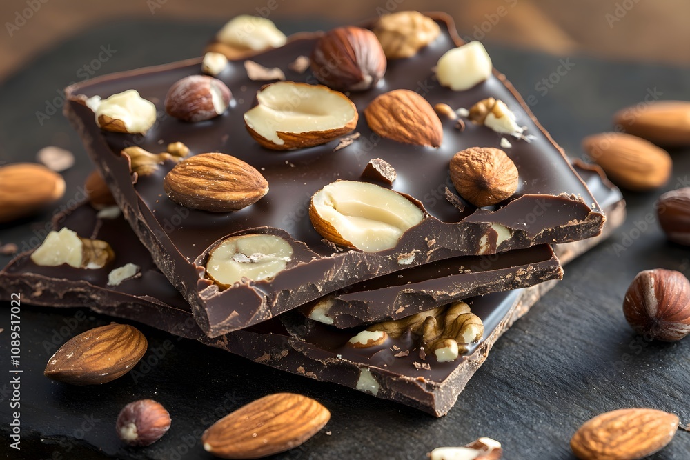 Glossy dark chocolate bark embedded with pistachios, cashews, and pecans, surrounded by loose nuts Glossy dark chocolate bark embedded with pistachios, cashews, and pecans, surrounded by loose nuts
