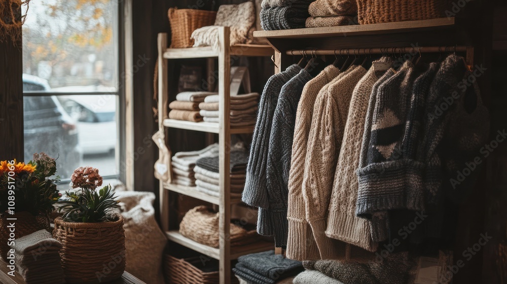 Cozy shop interior displaying neatly arranged sweaters and textiles. Cozy shop interior displaying neatly arranged sweaters and textiles.