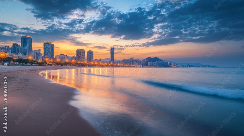 Qingdao beach illuminated by the golden hues of an autumn sunset, with the soft light reflecting on the sand and the gentle waves rolling in Qingdao beach illuminated by the golden hues of an autumn sunset, with the soft light reflecting on the sand and the gentle waves rolling in