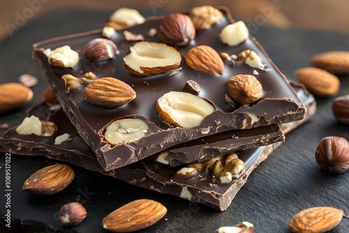 Glossy dark chocolate bark embedded with pistachios, cashews, and pecans, surrounded by loose nuts