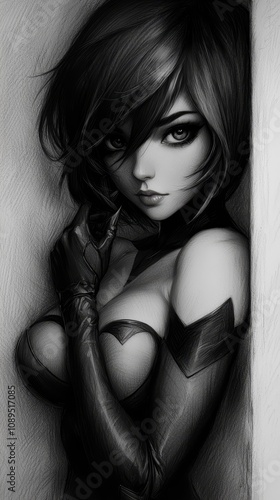  a black and white drawing of a woman in a Batman costume, with a wall in the background She has a determined expression on her face, as if she is ready to take on photo