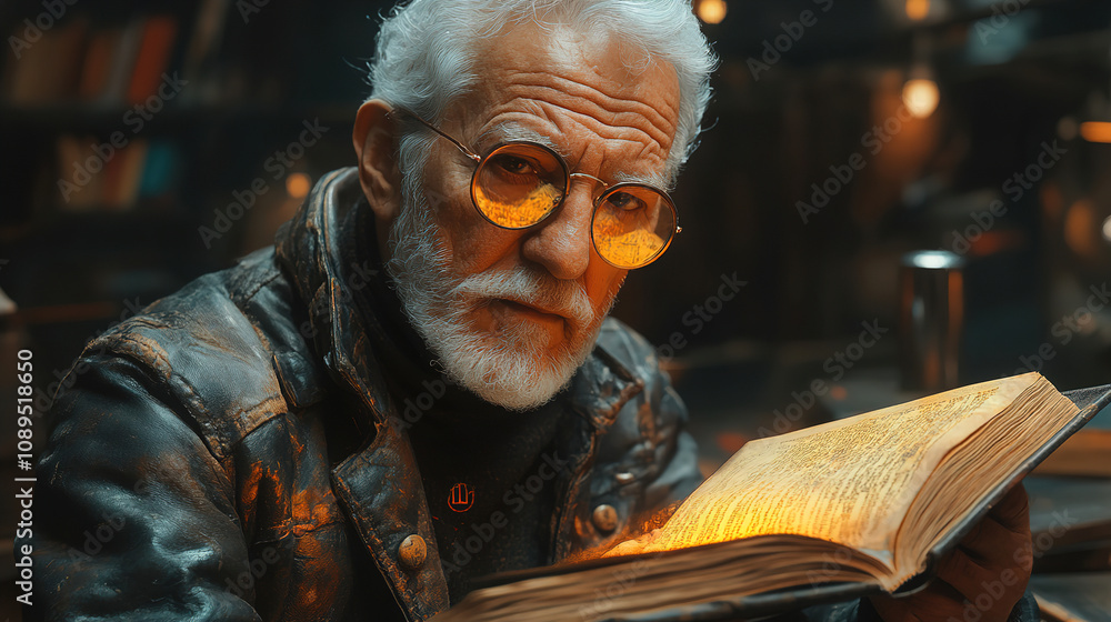 Elderly scholar reading an ancient glowing book in a cozy library at night. Generative AI Elderly scholar reading an ancient glowing book in a cozy library at night. Generative AI