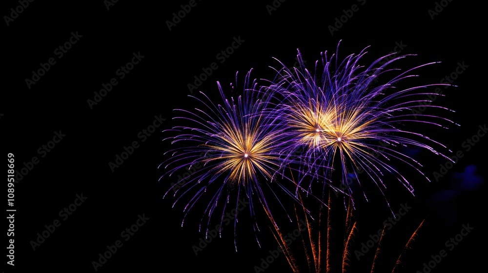 Vibrant fireworks in purple and yellow against a black backdrop, with space for text below. Vibrant fireworks in purple and yellow against a black backdrop, with space for text below.