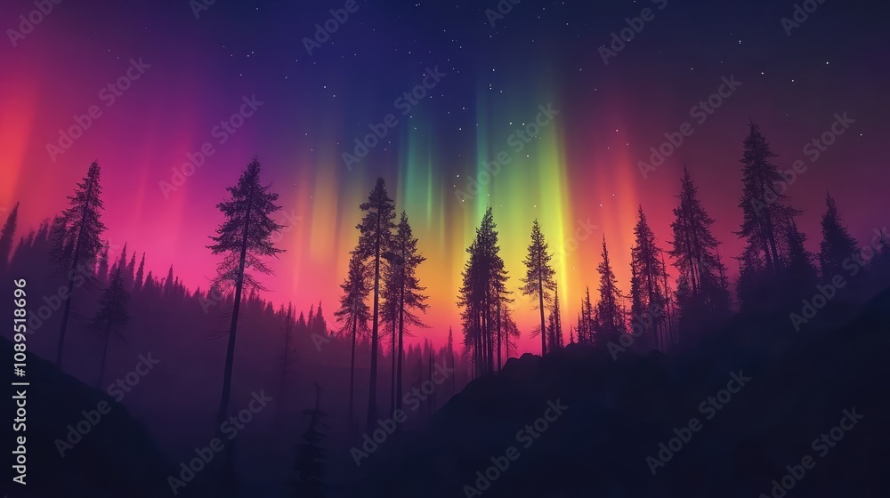 A group of silhouetted trees against a colorful aurora, highlighting the contrast between nature and light A group of silhouetted trees against a colorful aurora, highlighting the contrast between nature and light