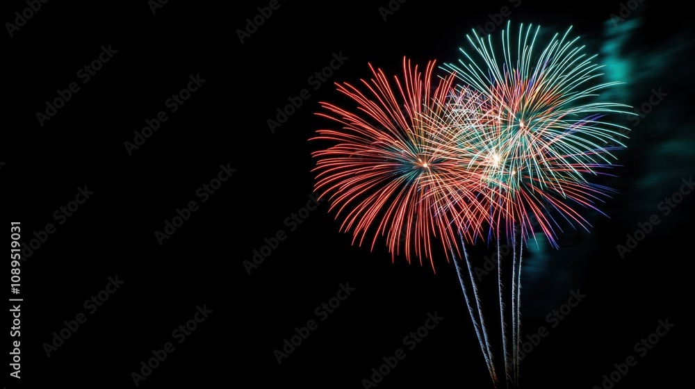 Vibrant fireworks in red, blue, and green against a black background, leaving copy space at the bottom. Vibrant fireworks in red, blue, and green against a black background, leaving copy space at the bottom.