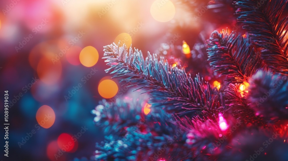 Fototapeta premium Festive Christmas Tree Branch With Lights And Frost