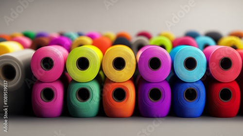 Row of colorful yarns are stacked on top of each other. The colors are bright and vibrant, creating a cheerful and lively atmosphere. The arrangement of the yarns suggests a sense of abundance