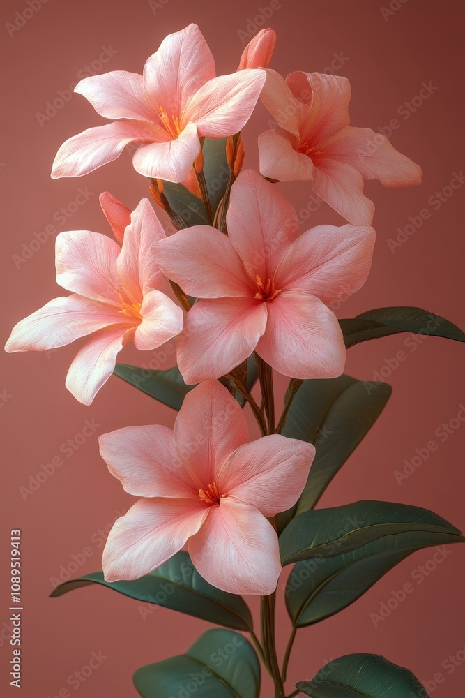 Fototapeta premium Vibrant Plumeria Flowers Blooming on a Warm Coral Background