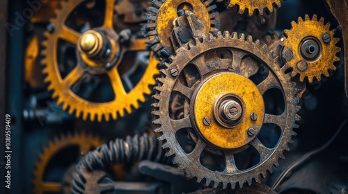 Intricate Mechanisms of Vintage Gears in a Machinery System Showcasing Rusty and Gleaming Metal Parts Interacting with Precision and Intricacy