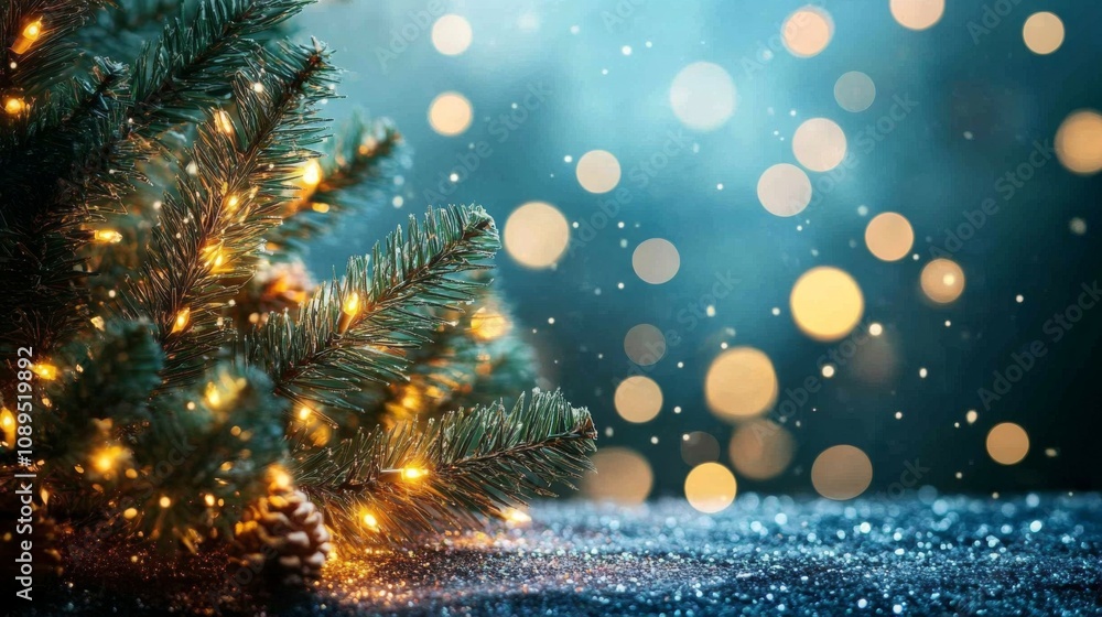 Festive Christmas tree branch lights winter scene Festive Christmas tree branch lights winter scene