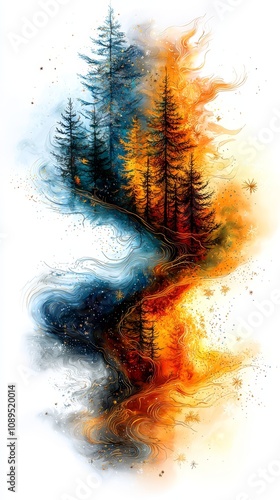  a painting of a forest with trees in the middle of it, surrounded by a white background The trees are painted in a variety of colors, including blue, orange, yello