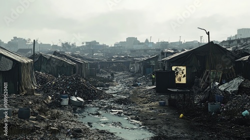 Desolate View of an Urban Slum with Makeshift Tents, Debris, and Overflowing Waste Amidst a Gloomy Sky in a Dystopian Environment