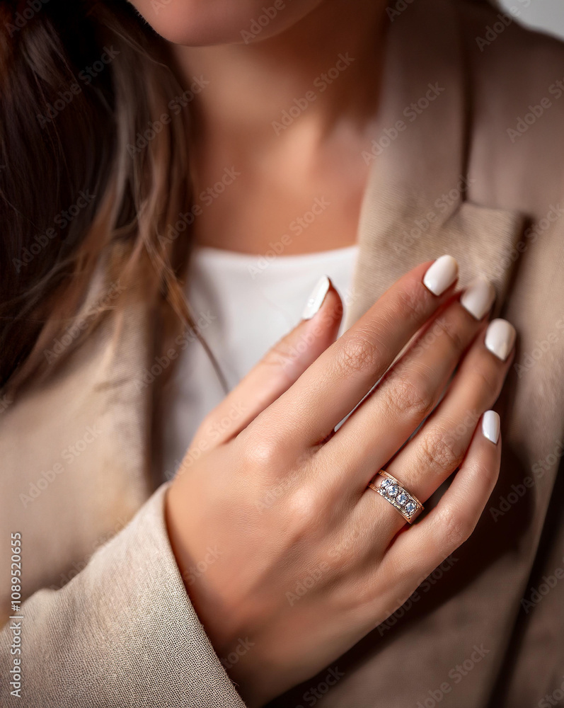 Woman with beautifully manicured nails, showing her hand wearing a gold wedding ring with three diamonds, closeup, shallow. depth of field. Woman with beautifully manicured nails, showing her hand wearing a gold wedding ring with three diamonds, closeup, shallow. depth of field.