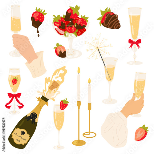 Bottle with glass of champagne. Ripe chocolate-covered strawberries. Hand with glass of alcoholic drink. Bengal fire, candles. Romantic or festive dinner. Set flat illustrations. 