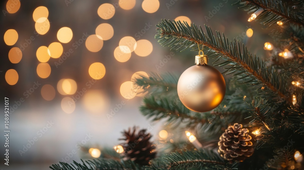 Golden Ornament Adorns Christmas Tree Branch With Lights Golden Ornament Adorns Christmas Tree Branch With Lights