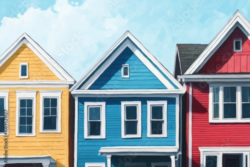 A row of colorful houses with unique architecture and vibrant colors