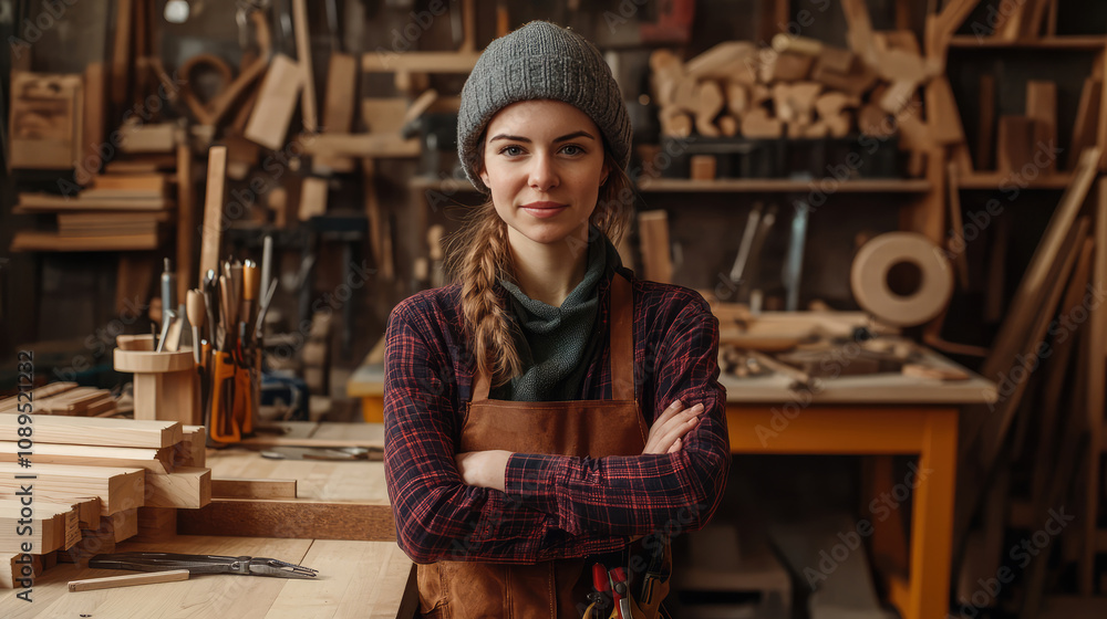 young woman experienced carpenter in leather apron standing in carpentry workshop and looking at camera young woman experienced carpenter in leather apron standing in carpentry workshop and looking at camera
