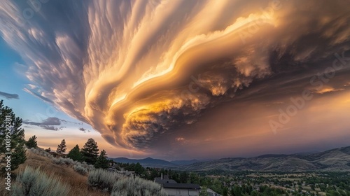 Stunning Colorful Cloud Formation at Sunset Over Hills Capturing Nature’s Drama in a Beautiful Landscape Scene with Unique Atmospheric Disturbance photo