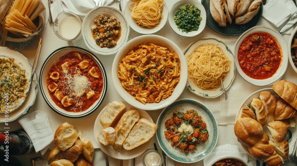 A Delicious Spread of Italian Cuisine Featuring Pasta, Sauces, Fresh Ingredients, Bread, and Traditional Dishes Perfect for a Family Gathering or Celebration A Delicious Spread of Italian Cuisine Featuring Pasta, Sauces, Fresh Ingredients, Bread, and Traditional Dishes Perfect for a Family Gathering or Celebration