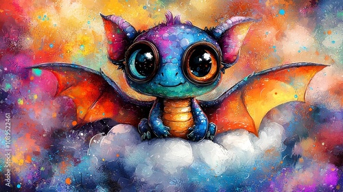  a cute baby dragon sitting on top of a cloud, with a vibrant and colorful background The dragon is painted in a cartoon-like style, with bright colors and intricat
