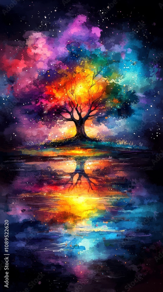 a painting of a tree in the middle of a body of water, surrounded by a vibrant array of colors including blues, greens, yellows, and reds The tree is illuminated b a painting of a tree in the middle of a body of water, surrounded by a vibrant array of colors including blues, greens, yellows, and reds The tree is illuminated b