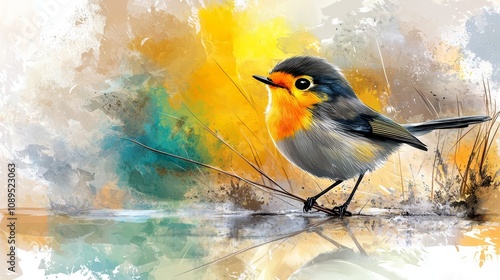  a small bird sitting on top of a tree branch, painted in a watercolor style The bird is painted in shades of grey, orange, yellow and white, and the background is