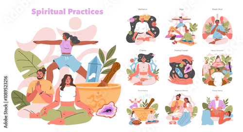 Spiritual Practices. Flat Vector Illustration