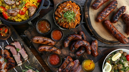 A lively South African braai with grilled meats, boerewors, and traditional side dishes like chakalaka and pap