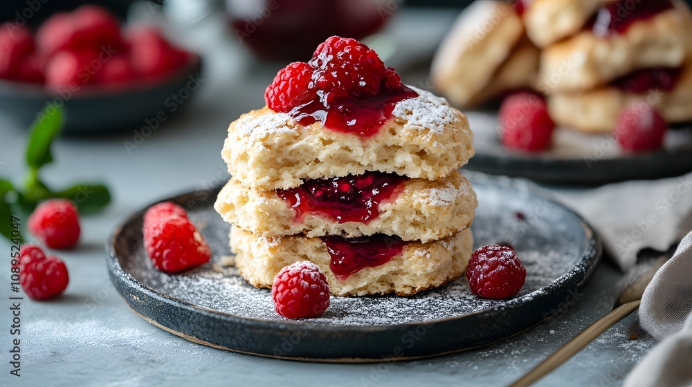 Delicious layered scones topped with raspberry jam and fresh raspberries. Delicious layered scones topped with raspberry jam and fresh raspberries.