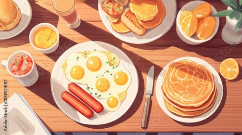 A breakfast spread with fried eggs, hot dogs, pancakes, and fresh orange slices on a wooden table. photo