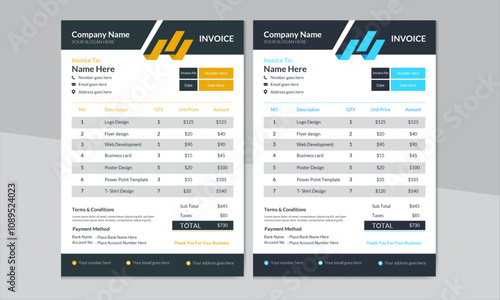 Invoice template with orange and blue color. 