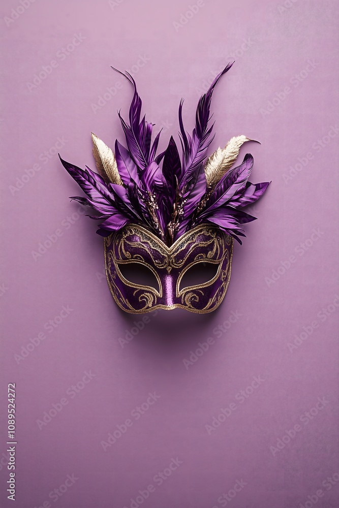 Masquerade dark purple mask with purple and white feathers on a pastel purple wall. Hiding, party, copy space concept.