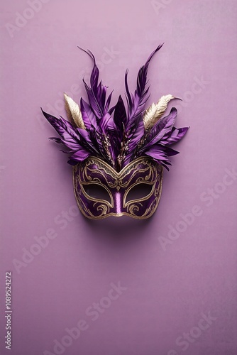 Obraz na płótnie Masquerade dark purple mask with purple and white feathers on a pastel purple wall. Hiding, party, copy space concept. w salonie
