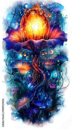 a vibrant painting of a flower with a light bulb in the middle of it, surrounded by a variety of colorful flowers and leaves The background is a bright white, crea