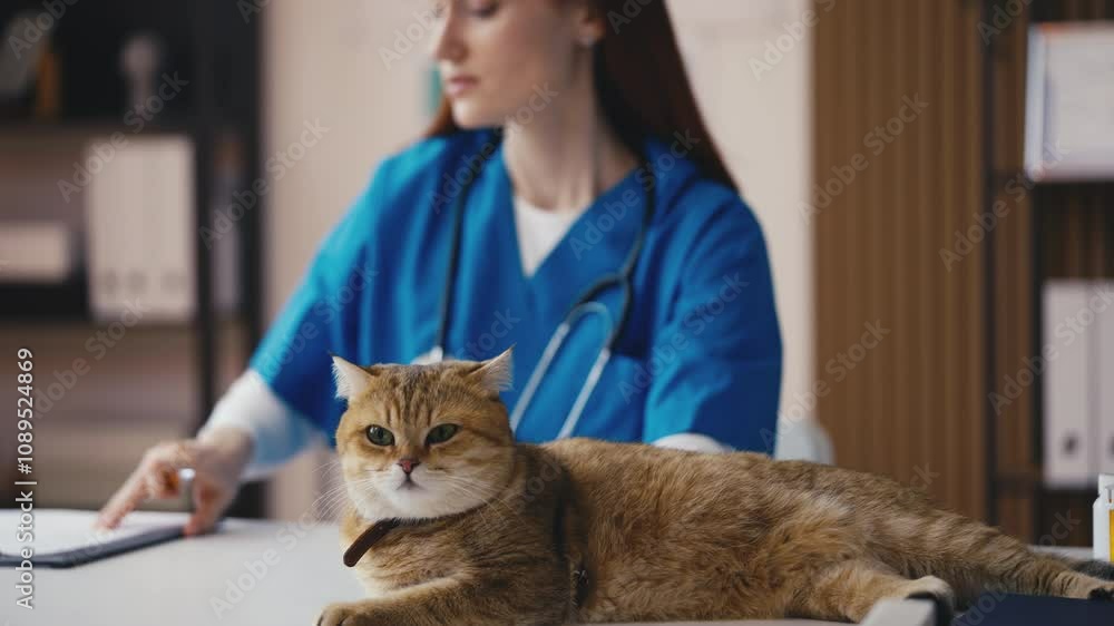 Adorable British Shorthair cat lying on desk in vet's office during check-up Adorable British Shorthair cat lying on desk in vet's office during check-up