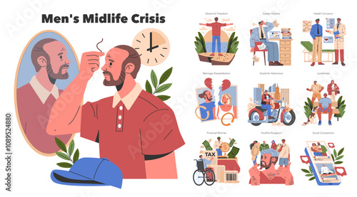 Men Midlife Crisis. Flat Vector Illustration